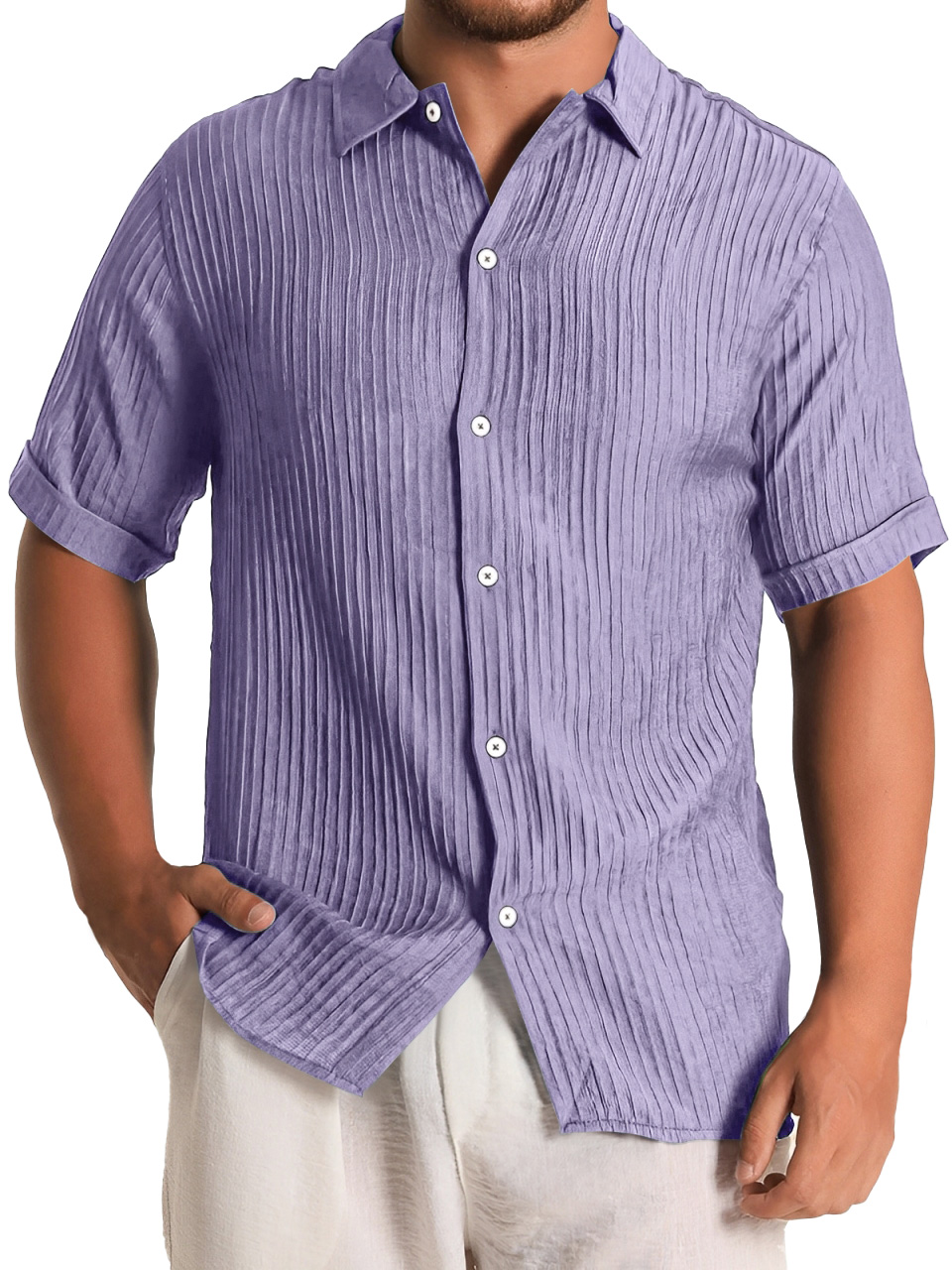 Men's Fashion Daily Pleated Casual Solid Color Short Sleeve Shirt