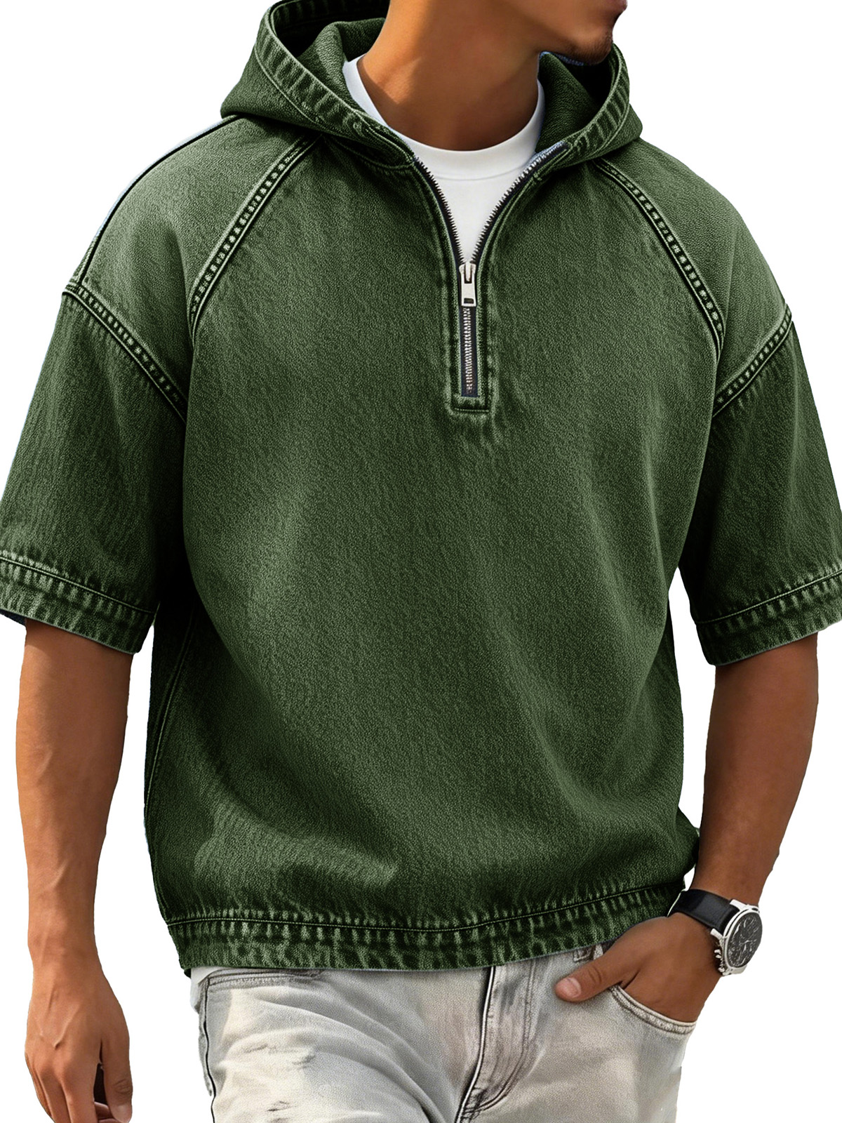 Men's Retro Distressed Raglan Short-Sleeve Sporty Hoodie