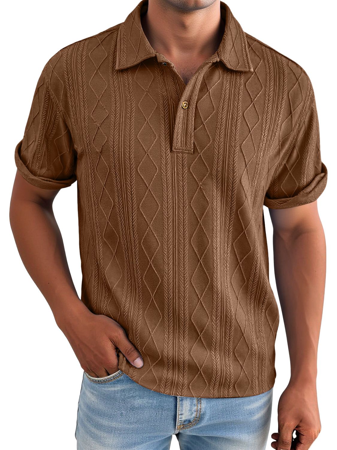 Men's Daily Jacquard Texture Casual Lapel Solid Color Short-sleeved Polo Shirt