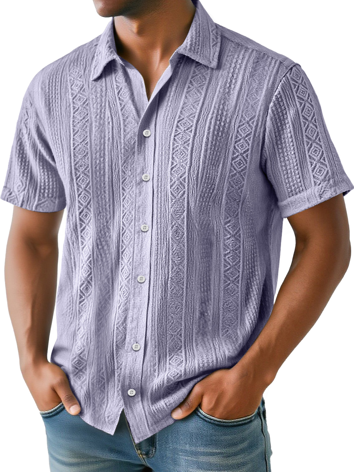 Men's Daily Simple Jacquard Texture Casual And Comfortable Solid Color Short-sleeved Shirt
