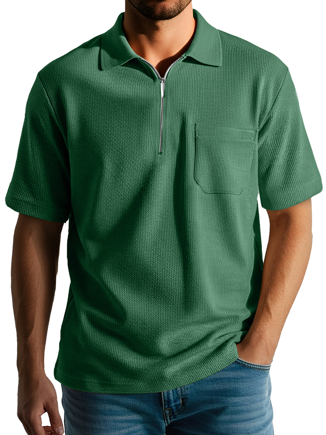 Men's Daily Casual Texture Lapel Zipper Comfortable Short-sleeved Polo Shirt