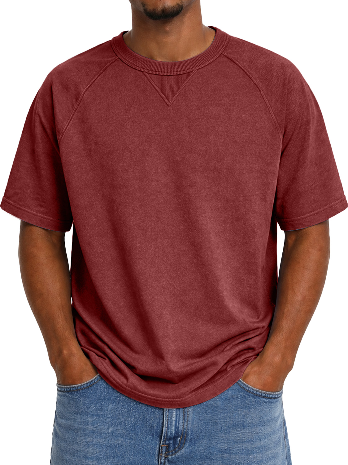 Men's Crew Neck Raglan Short-sleeved T-shirt With Inverted Triangle Design