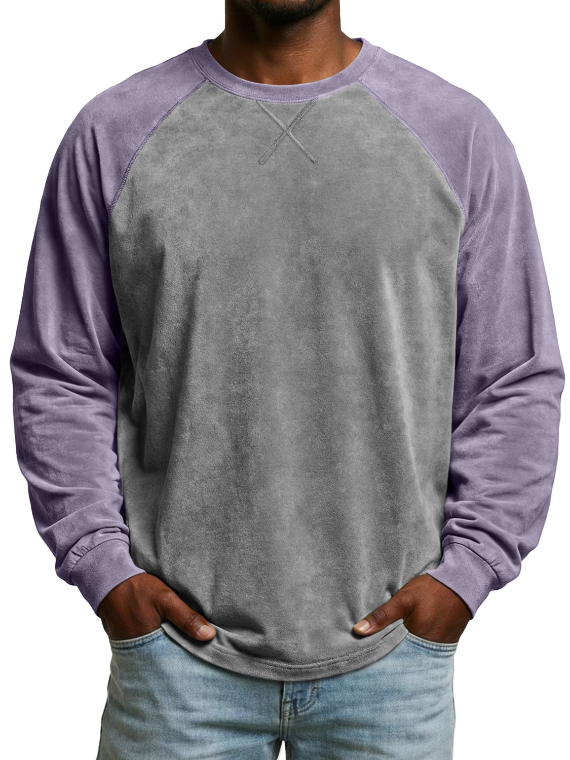 Men's Vintage Suede Patchwork Long-sleeved Casual T-shirt With Criss-cross Design