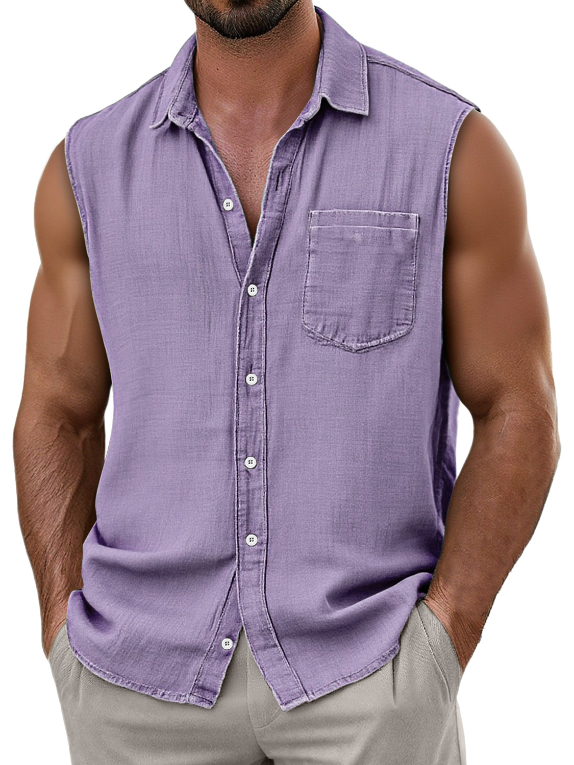 Men's Daily Faux Linen Casual Pocket Comfort Sleeveless Shirt