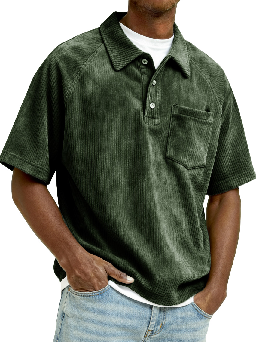 Men's Retro Raglan Corduroy Loose Pocket Short-Sleeve Polo Shirt