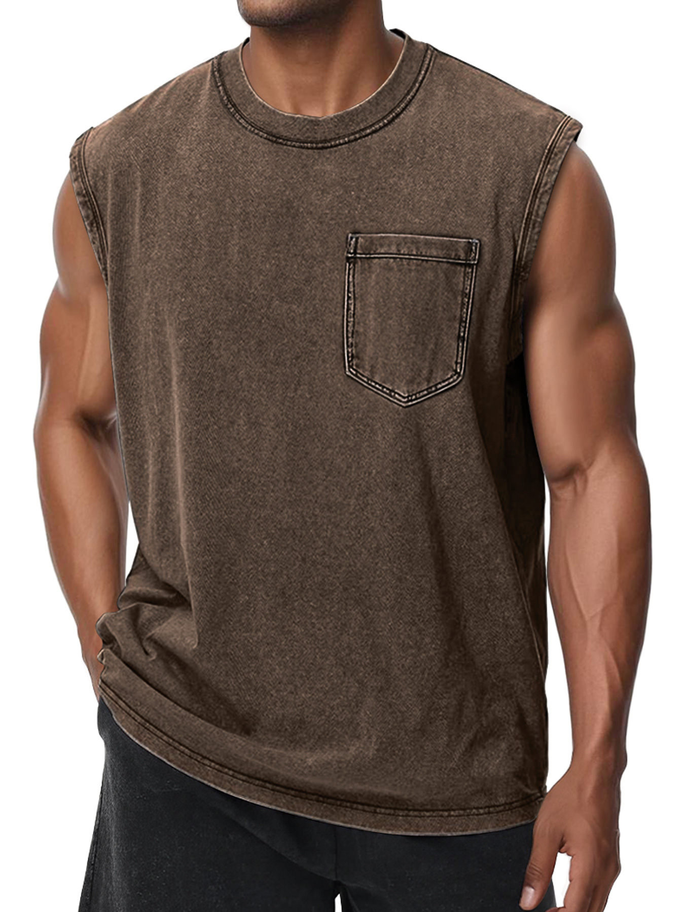 Men's Retro Washed Cotton Round Neck Pocket Casual Sleeveless Vest