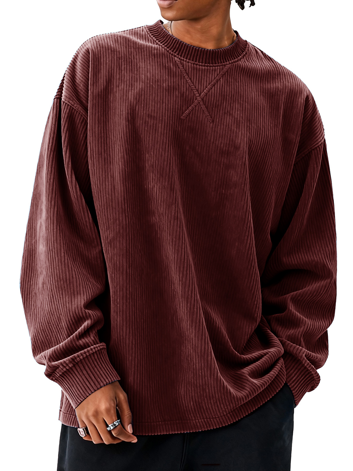 Men's fashionable casual loose round collar corduroy fabric long-sleeved T-shirt