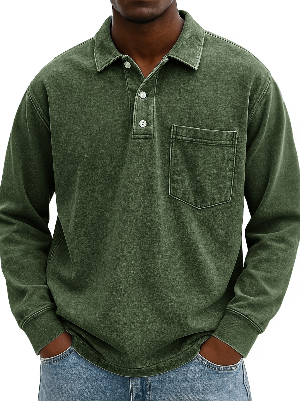 Men's Stylish Vintage Distressed Pocket Lapel Long-sleeved Polo Shirt