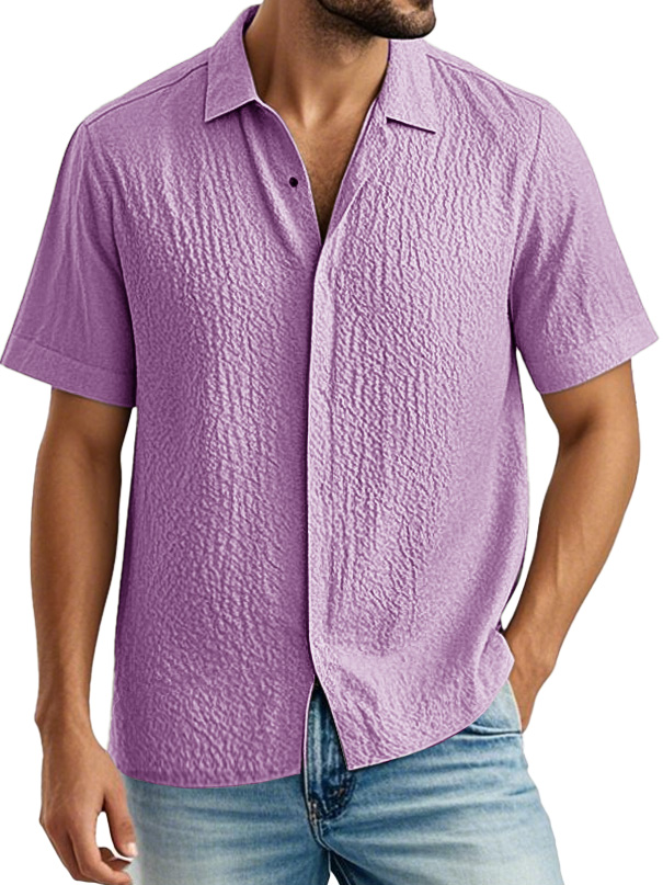 Men's Fashion Casual Pleated Fabric Lapel Short Sleeve Shirt