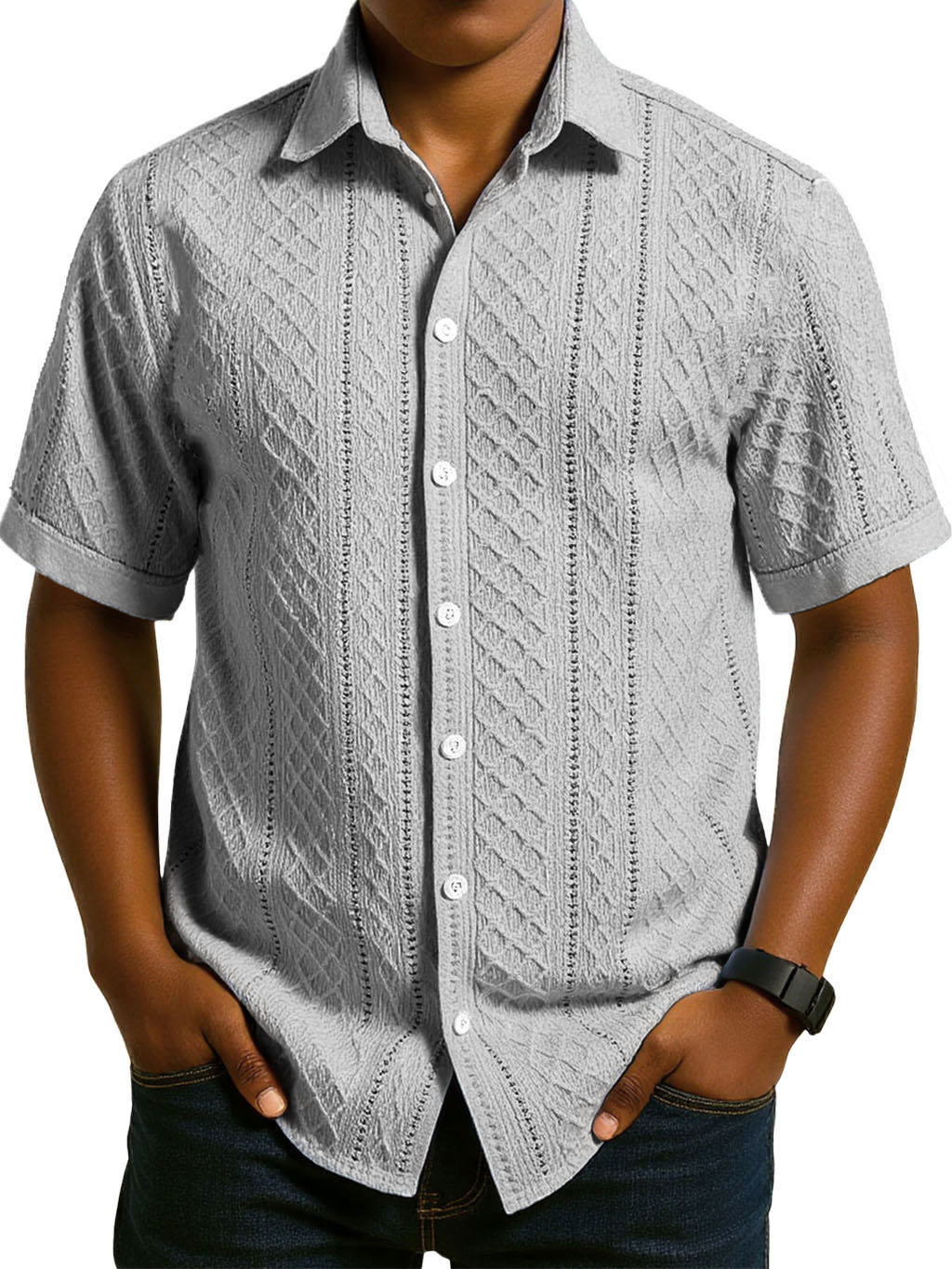 Men's Fashion Casual Jacquard Fabric Lapel Short-sleeved Shirt
