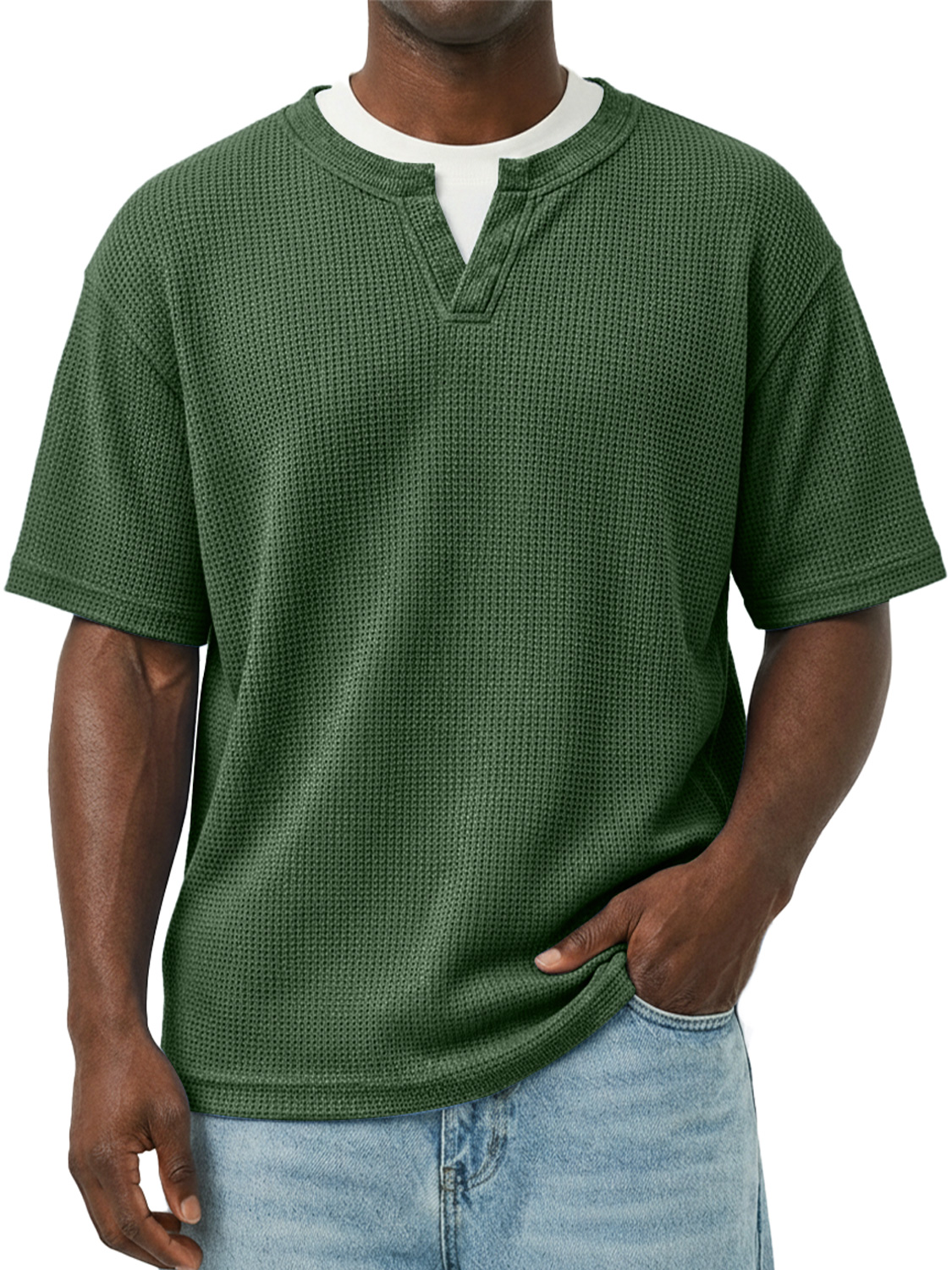 Men's Waffle-knit Double-layered Collar Faux Two-piece Casual Long-sleeved T-shirt