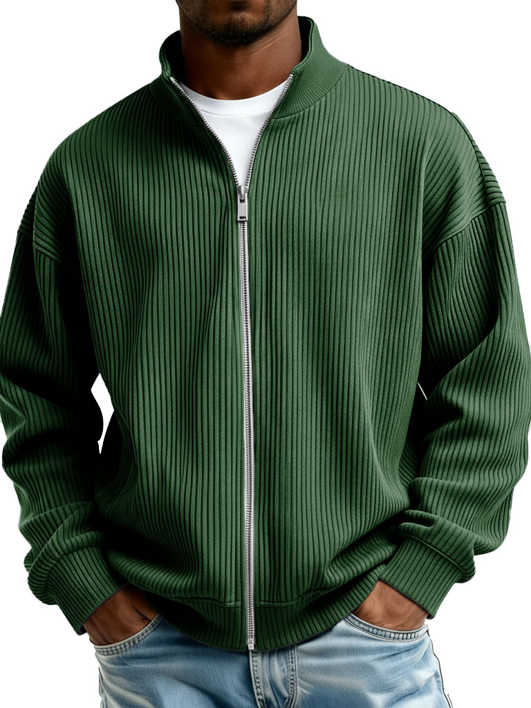 Men's Fashion Casual Stand Collar Ribbed Fabric Long-Sleeve Jacket