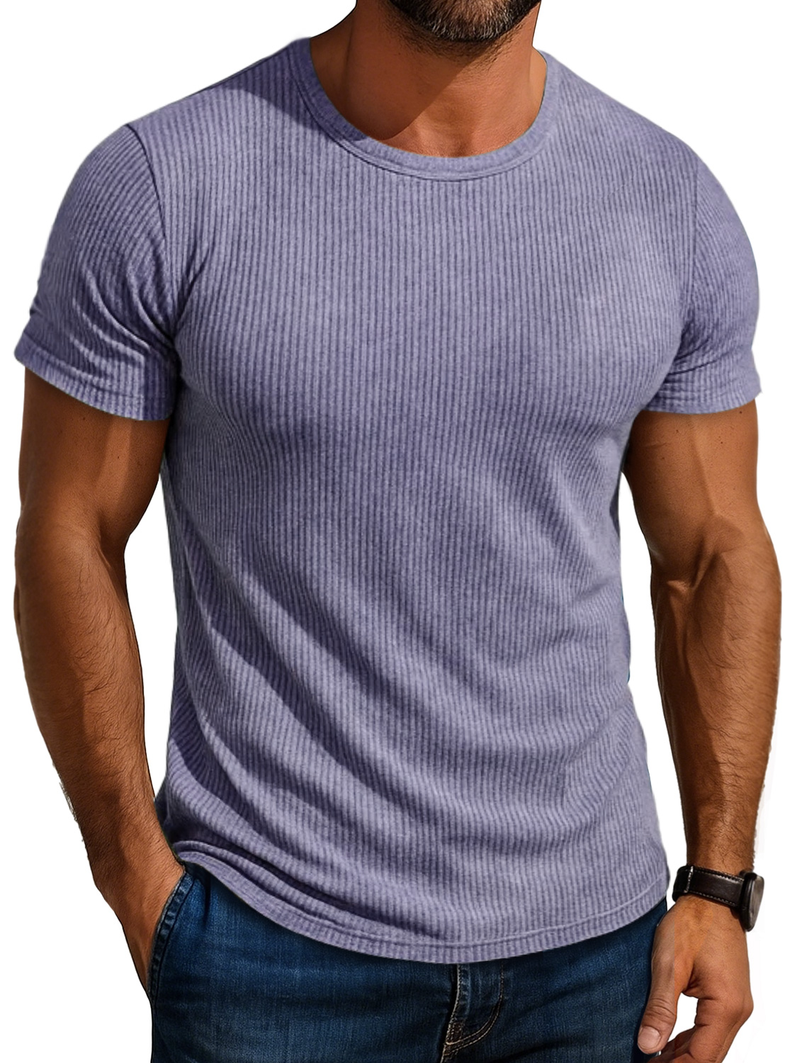Men's Daily Round Neck Ribbed Casual Comfortable Solid Color Short-sleeved T-shirt