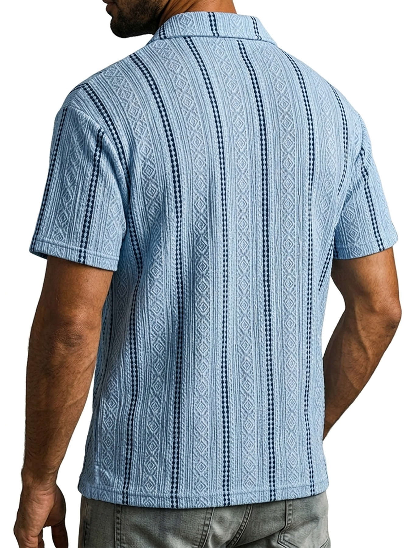 Men's Casual Color-Blocked Textured Collar Button-Up Comfortable Short-Sleeve Polo Shirt