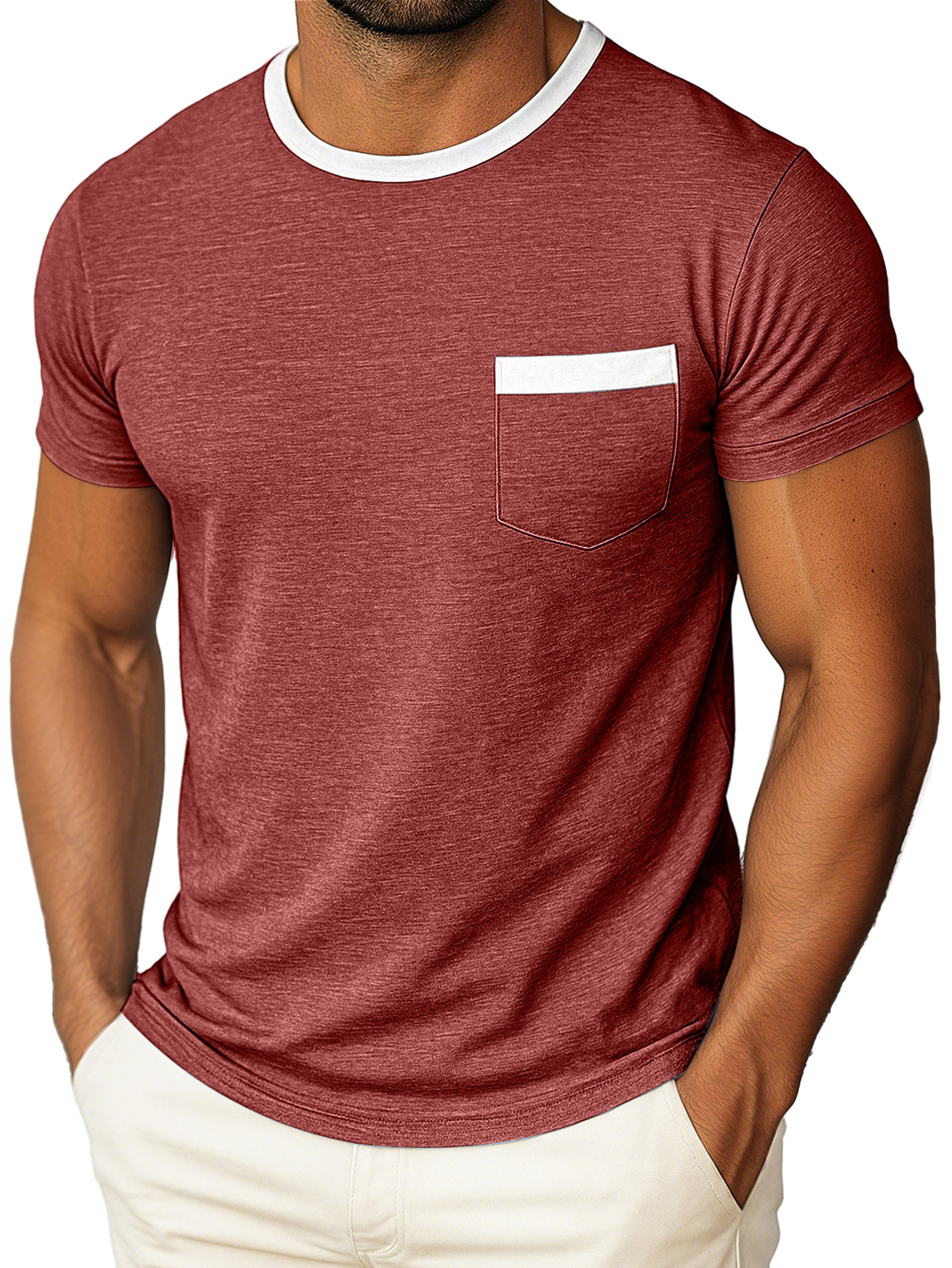 Men's Daily Round Neck Color Matching Pocket Casual Short Sleeve T-shirt