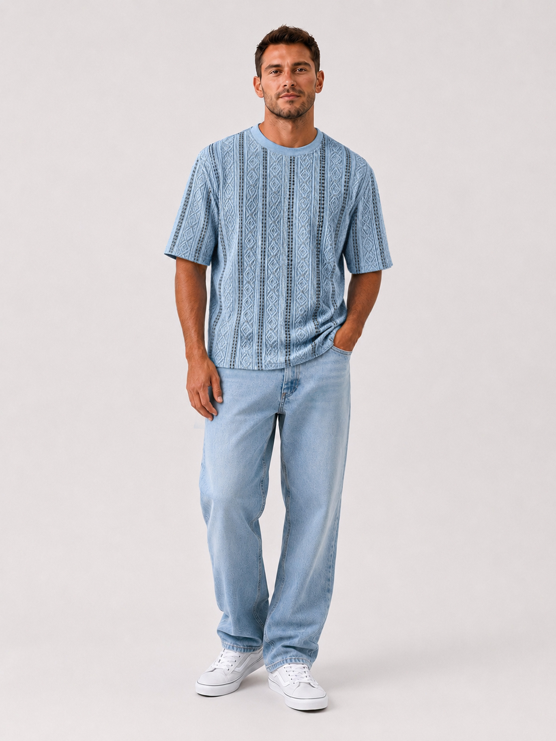 Men's Solid-Color Short-Sleeve Crew-Neck T-Shirt with Jacquard Texture