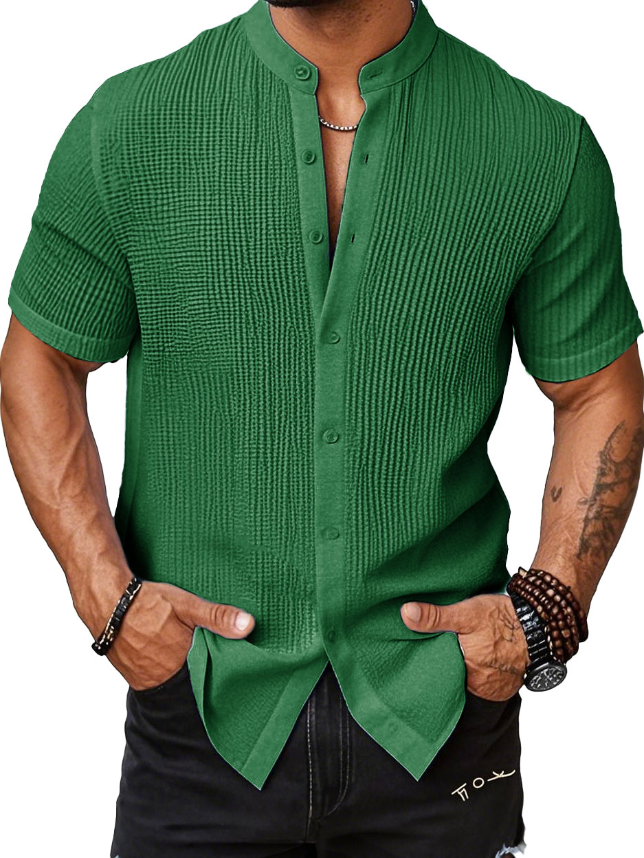 Men's Fashion Casual Bubble Wrinkle Fabric Stand-up Collar Short-sleeved Shirt