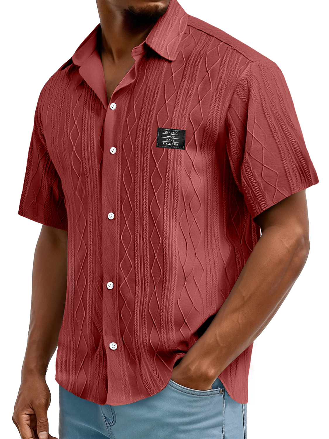 Men's Daily Casual Texture Embroidered Logo Solid Color Comfortable Short-sleeved Shirt