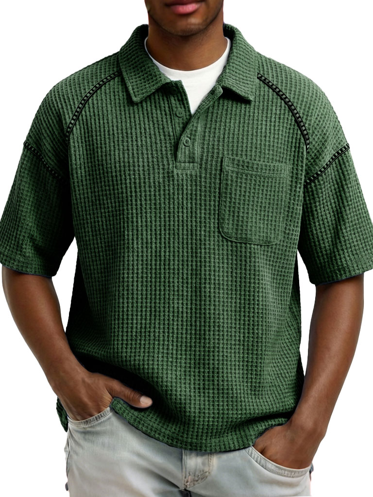 Men's Fashion Retro Raglan Waffle Gown Short-Sleeve Polo Shirt