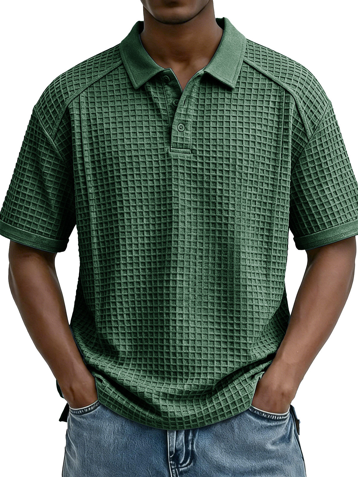 Men's Fashion Retro Waffle Fabric Collared Short-Sleeve Polo Shirt