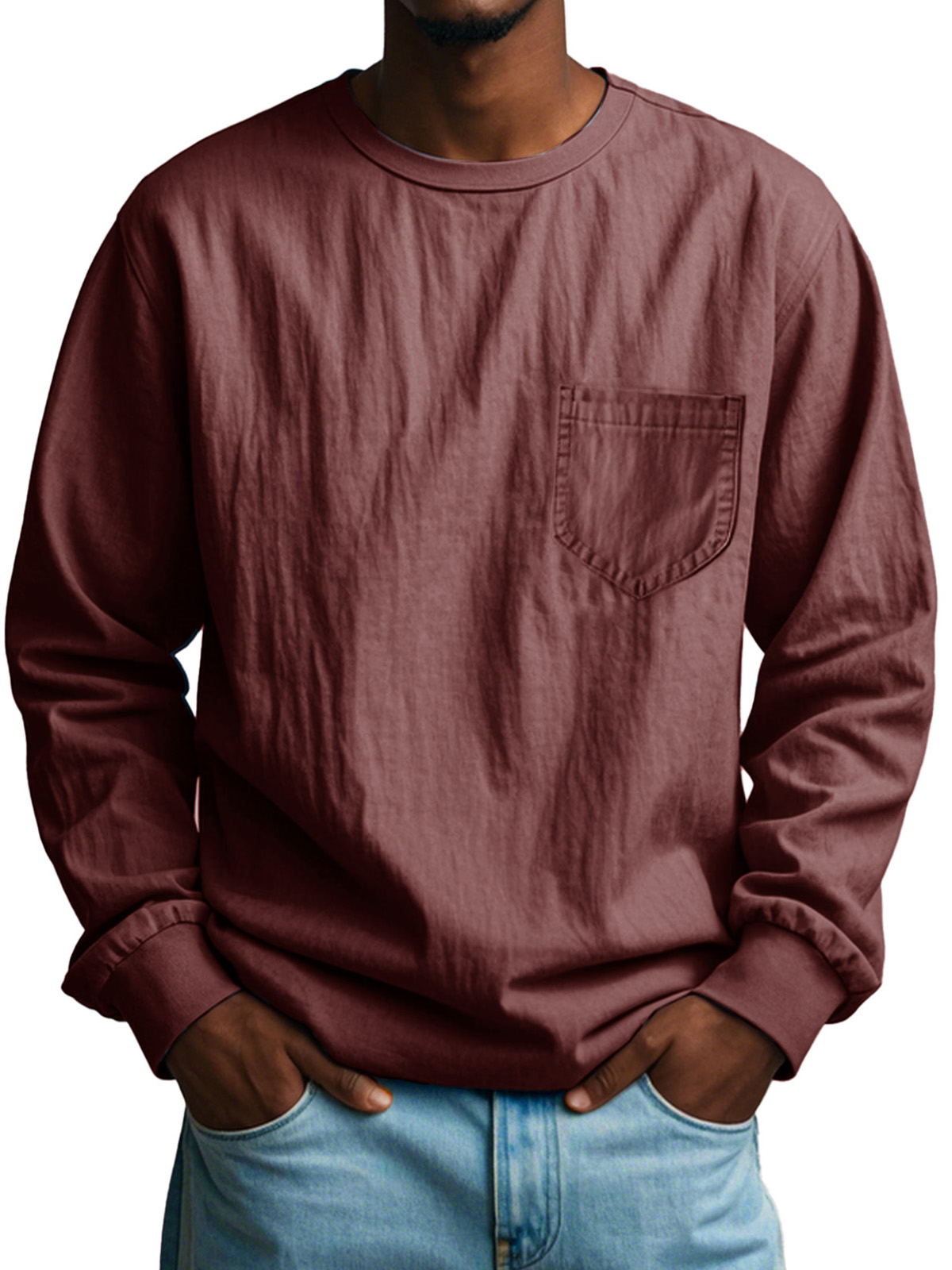 Men's Fashion Casual Pleated Round Neck Long Sleeve Pocket T-Shirt