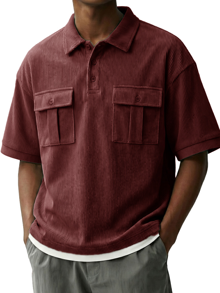 Men's Fashionable Retro Workwear Pocket Short-sleeved Polo Shirt with Lapel