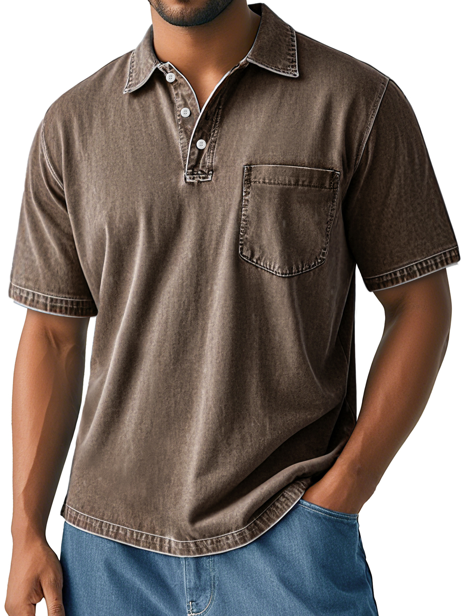 Men's Retro Washed Casual Lapel Pocket Comfortable Short Sleeve Polo Shirt