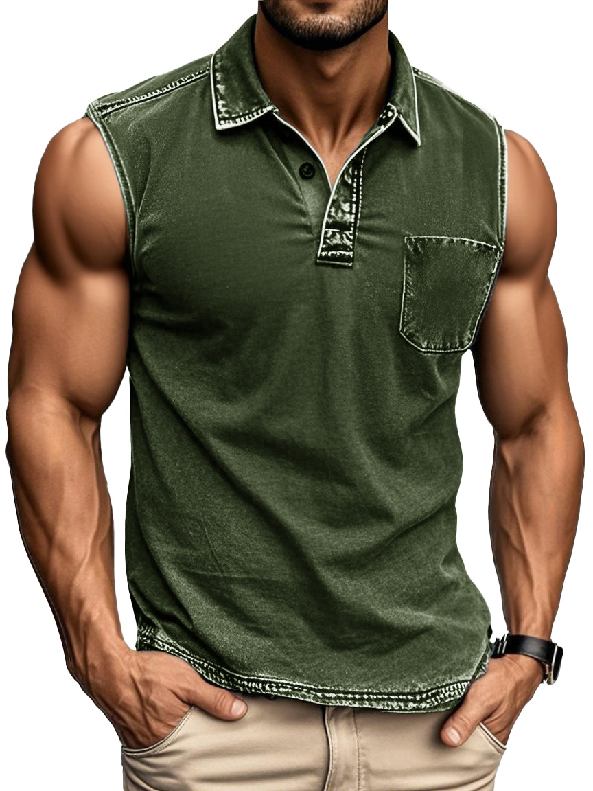 Men's Fashion Daily Distressed Fabric Pocket Sleeveless Polo Shirt