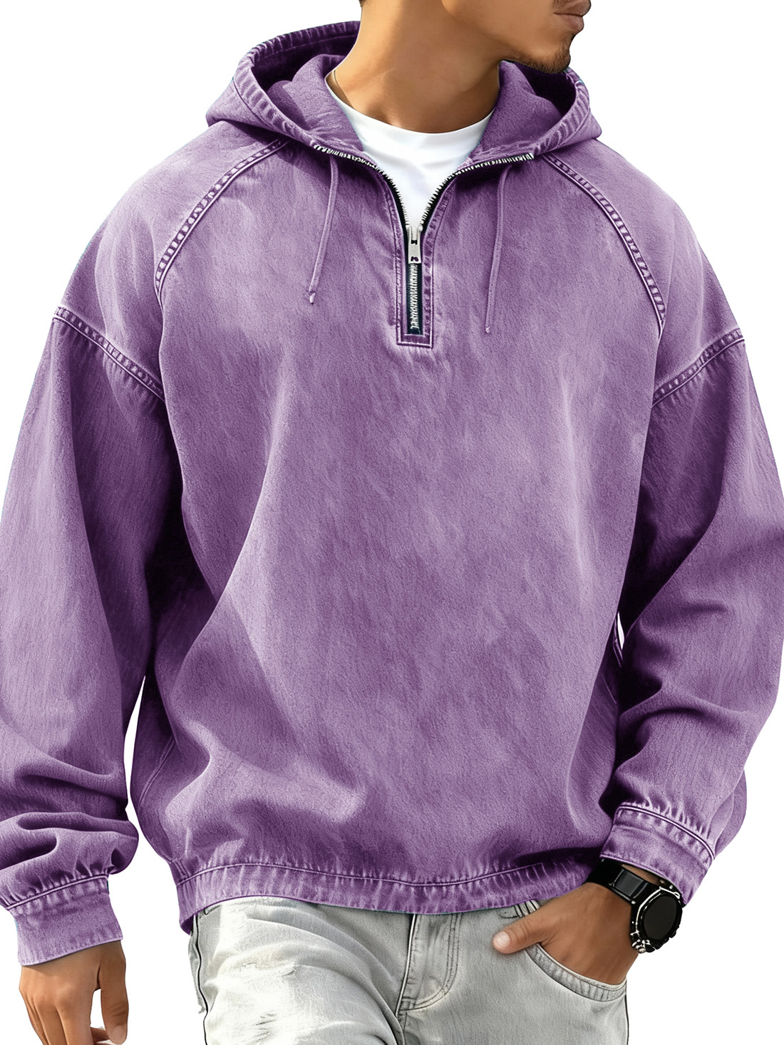 Men's Retro Fashion Distressed Raglan Long-Sleeve Hoodie