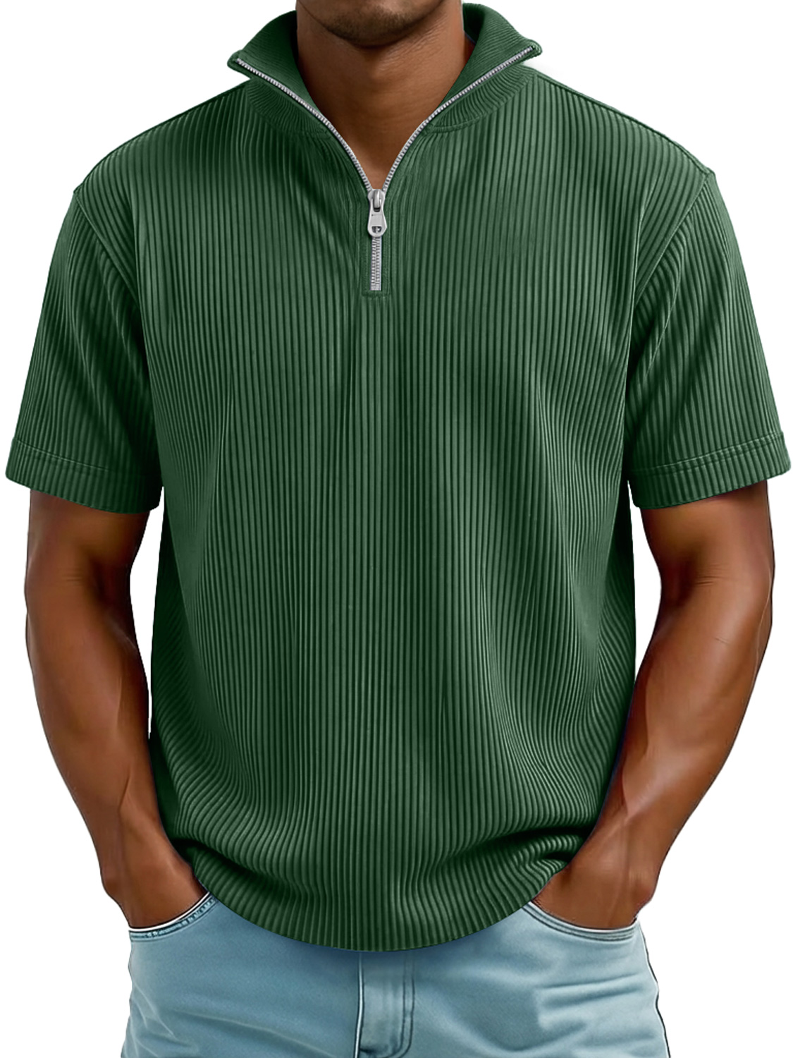 Men's Everyday Ribbed Stand-collar Zip-up Casual Short-sleeved T-shirt