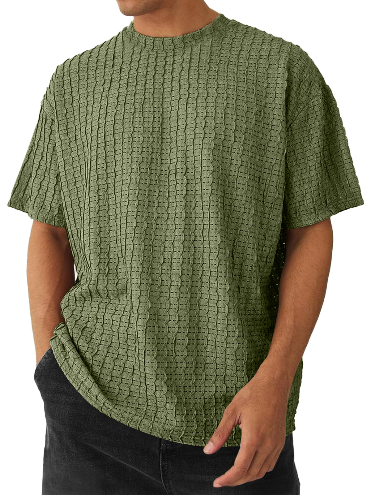Men's Round Neck Casual Texture Solid Color Short-sleeved T-shirt