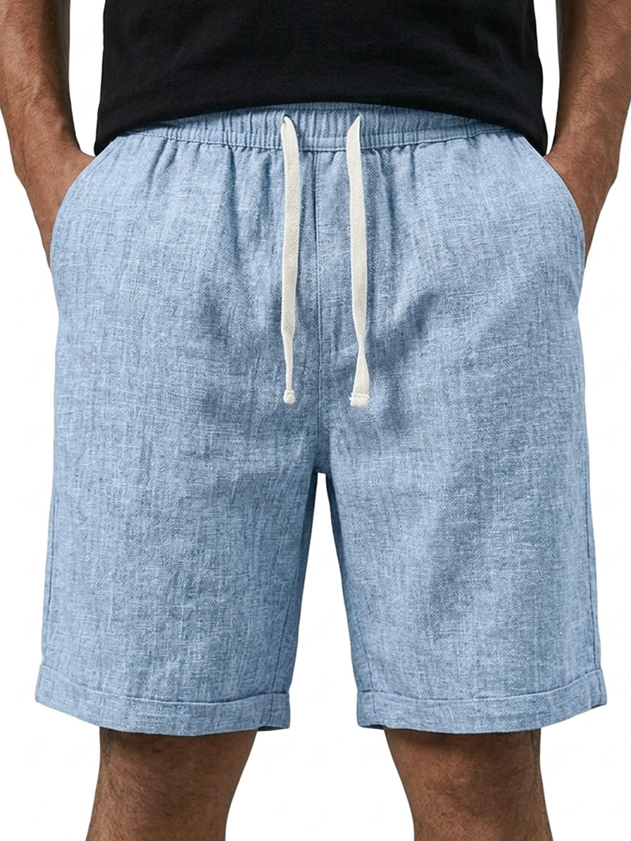 Men's Casual Solid-Color Linen Shorts with Embroidered Logo