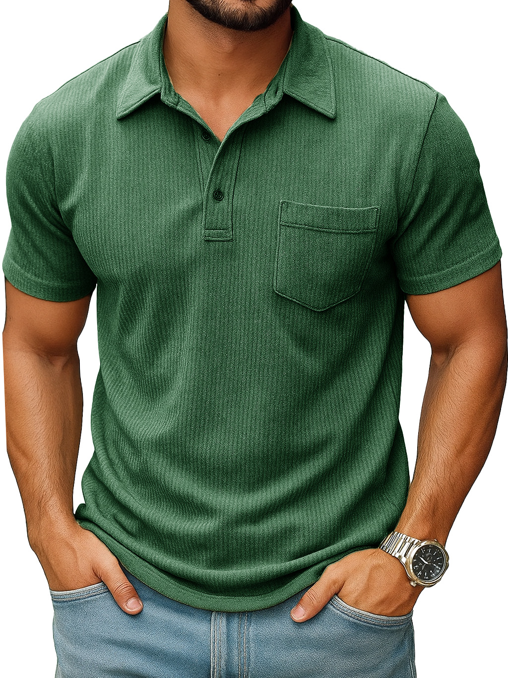 Men's Fashion Casual Ribbed Fabric Pocket Short-sleeved Lapel Polo Shirt