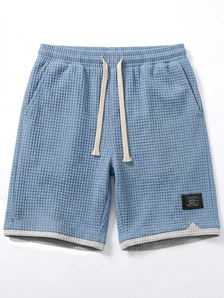 Men's Casual Waffle Color Block Embroidered Logo Loose Shorts