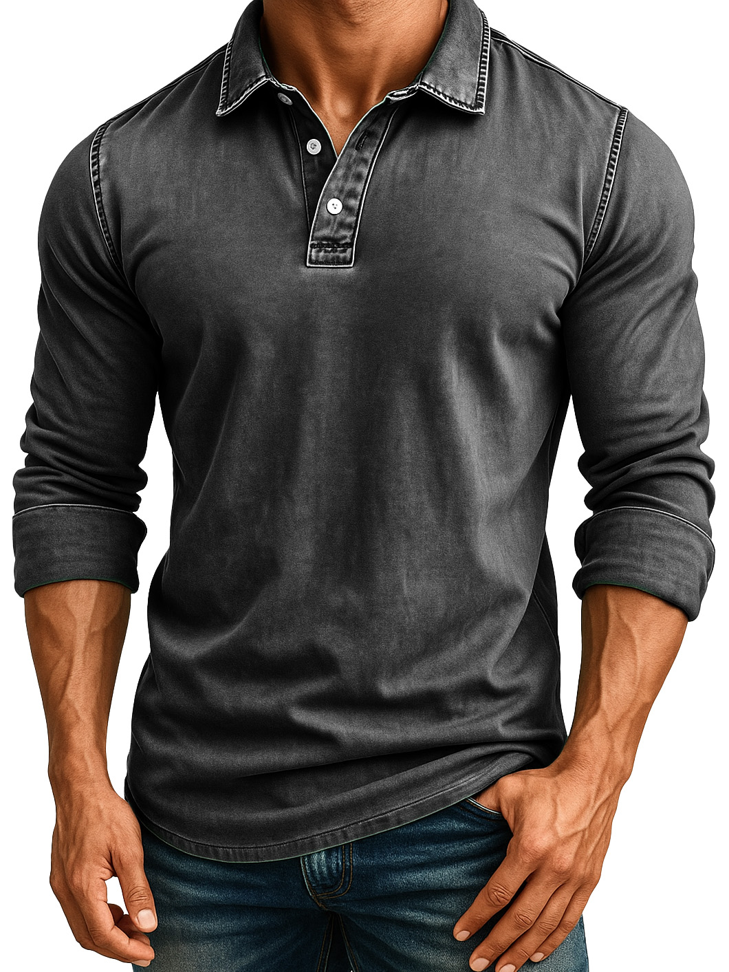 Men's Retro Fashion Distressed Lapel Long-sleeved Polo Shirt