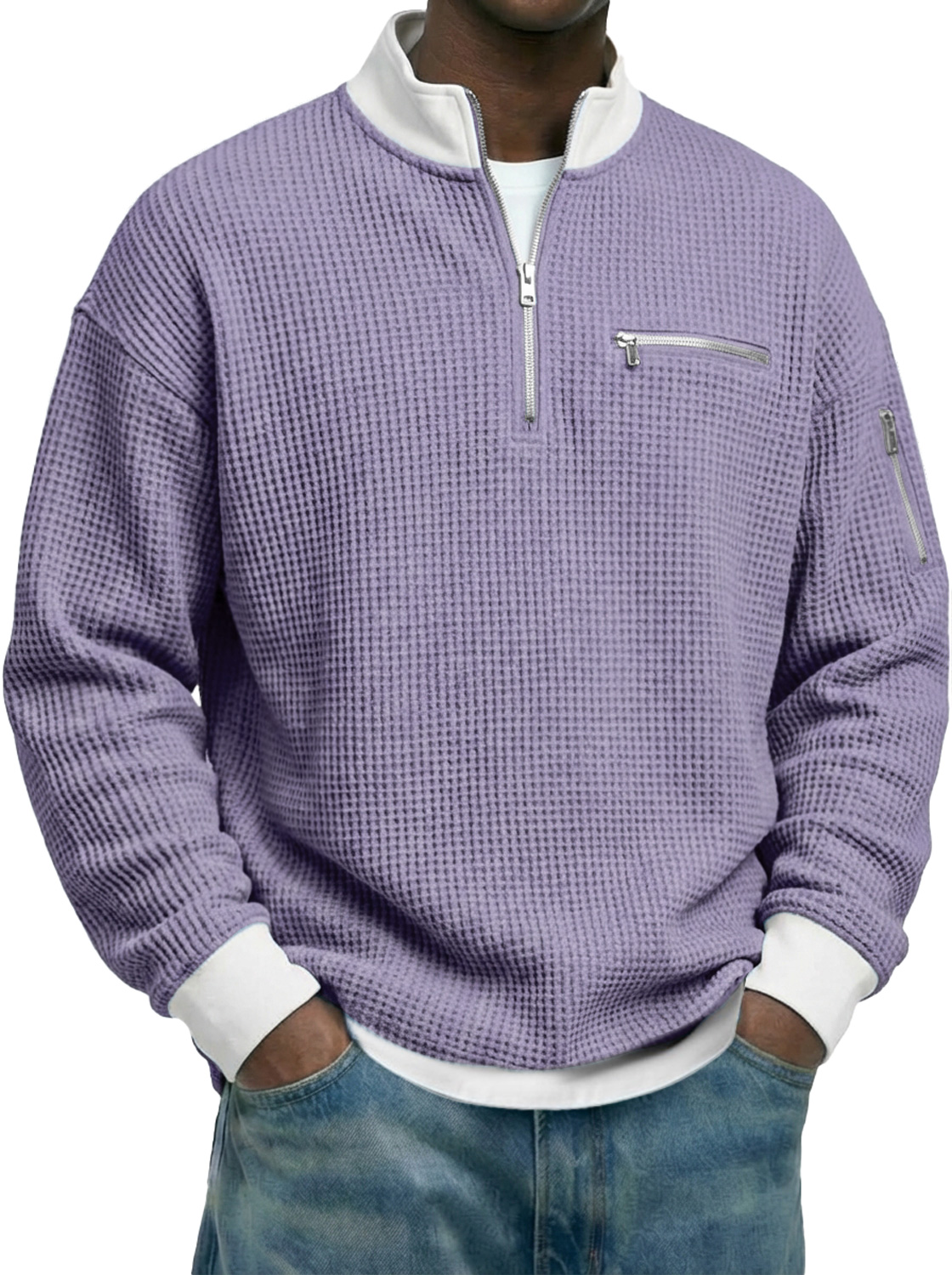 Men's Waffle-knit Stand-collar Color-block Zippered Casual Long-sleeved T-shirt