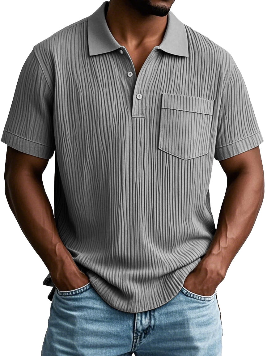 Men's Fashion Casual Striped Fabric Pocket Short Sleeve Lapel Polo Shirt
