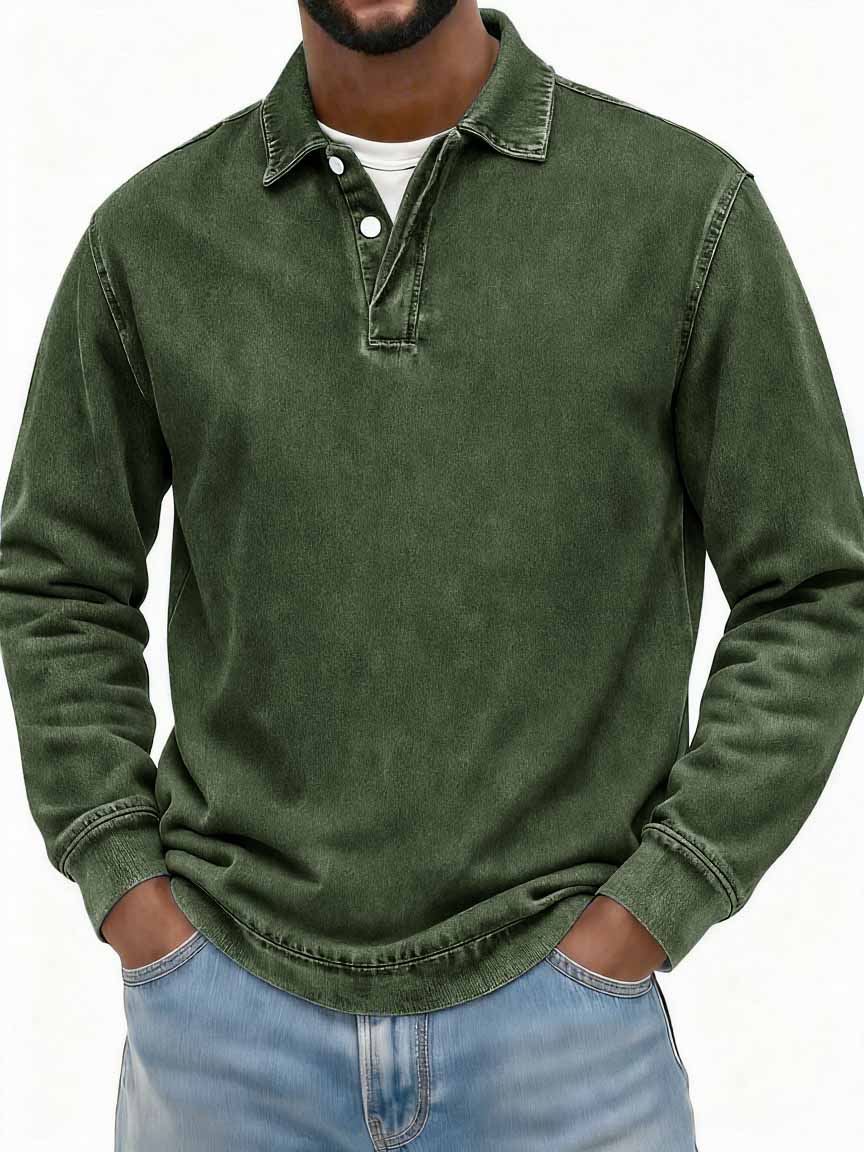 Men's Stylish Vintage Washed And Distressed Fabric Long-sleeved Polo Shirt With A Double-layer Placket And A Design Lapel