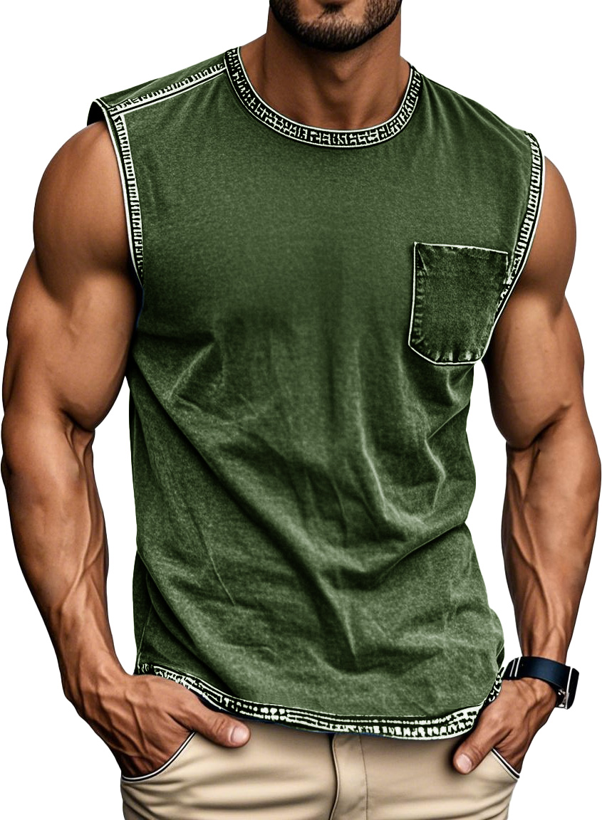 Men's Fashion Retro Distressed Round Neck Pocket Sleeveless T-shirt