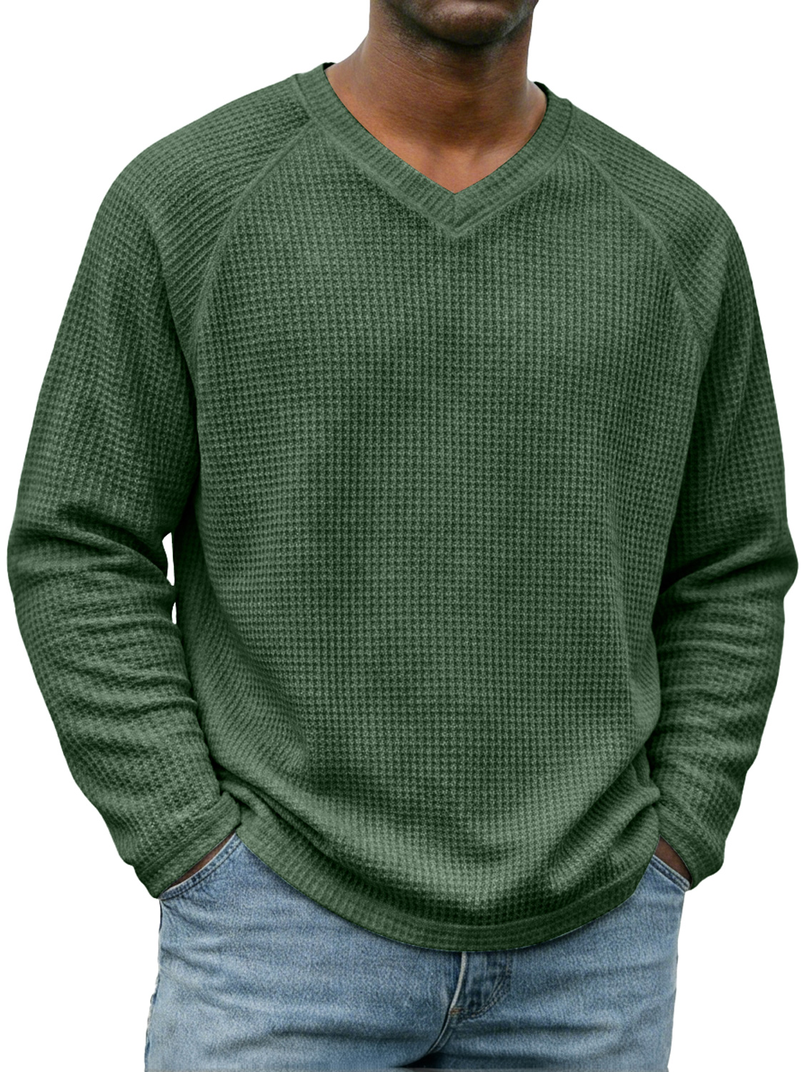 Men's Simple V-neck Raglan Sleeve Waffle Knit Casual Long-sleeved T-shirt
