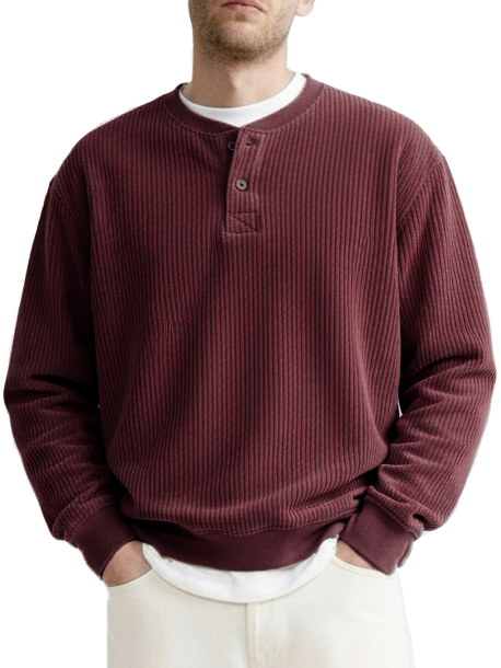 Men's Fashionable Casual Two-Piece Ribbed Fabric Long-Sleeved Henley Shirt