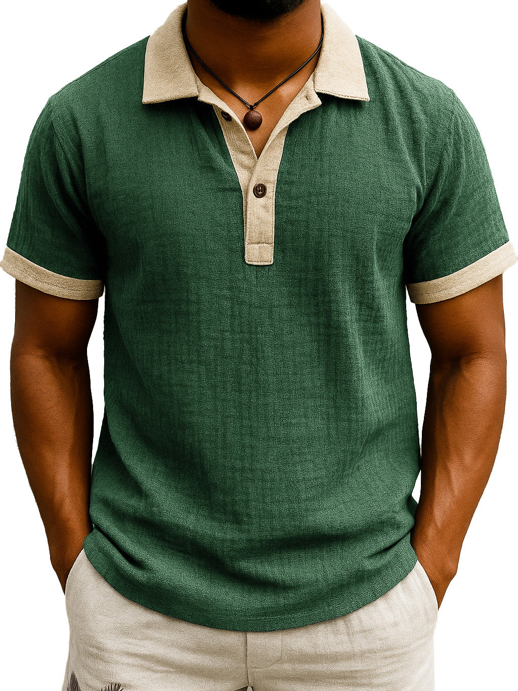 Men's Fashion Retro Hemp Fabric Patchwork Contrast Color Short-sleeved Polo Shirt