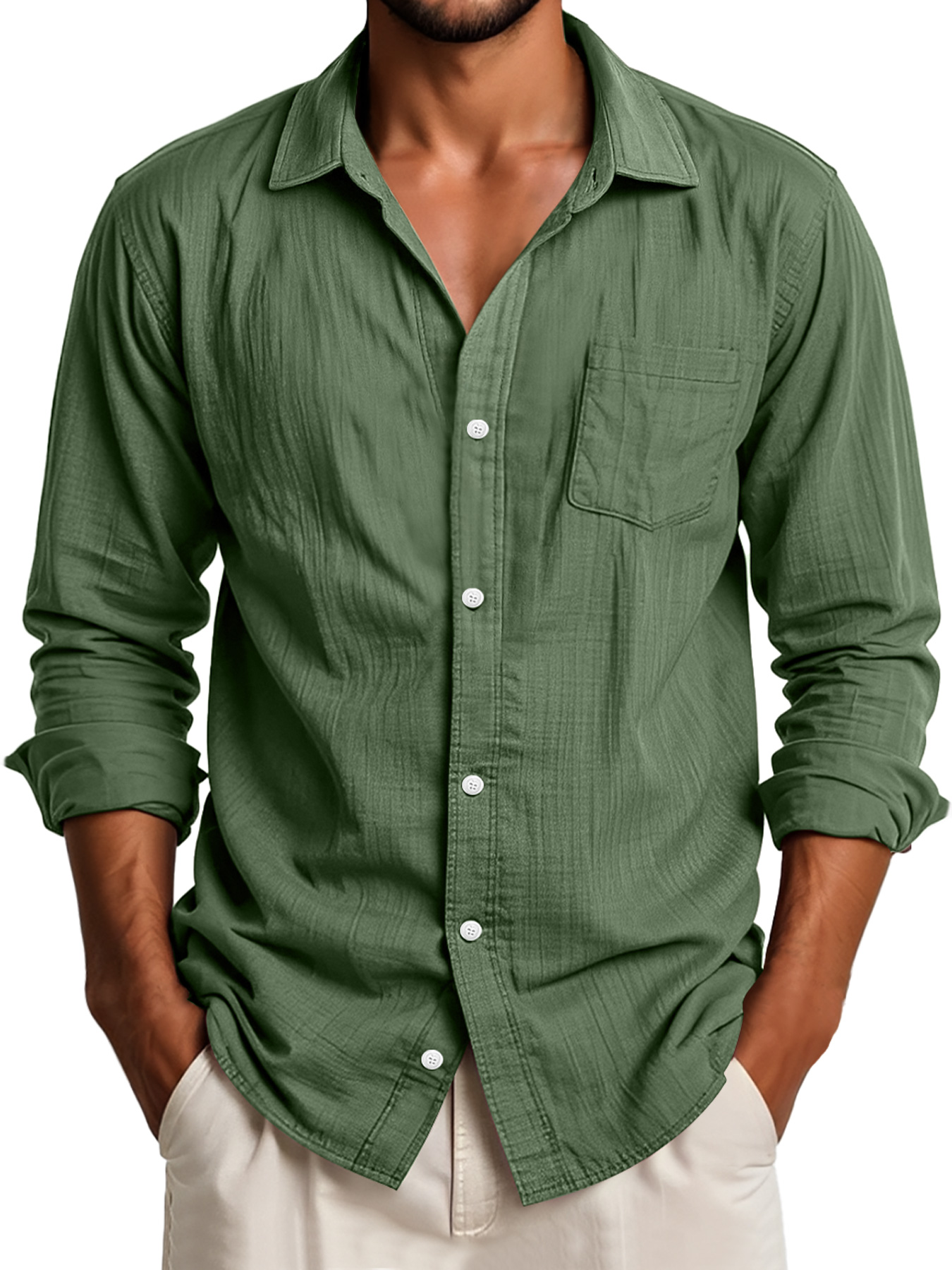 Men's Daily Lapel Pocket Casual Solid Color Long Sleeve Shirt
