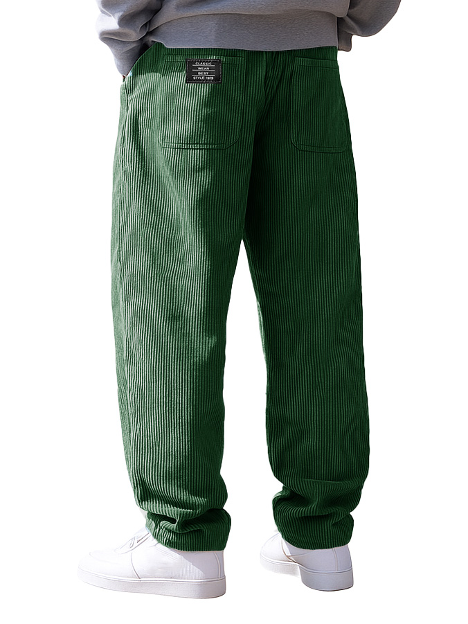 Men's Stylish Everyday Corduroy Fabric Pocket Loose Drawstring Elastic Waist Embroidered Logo Trousers