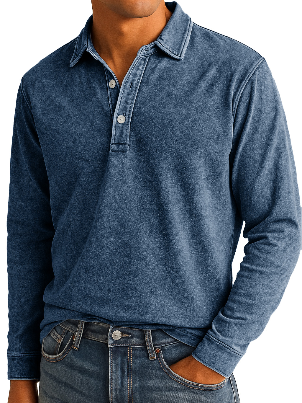 Men's Stylish Vintage Washed And Distressed Lapel Long-sleeved Polo Shirt