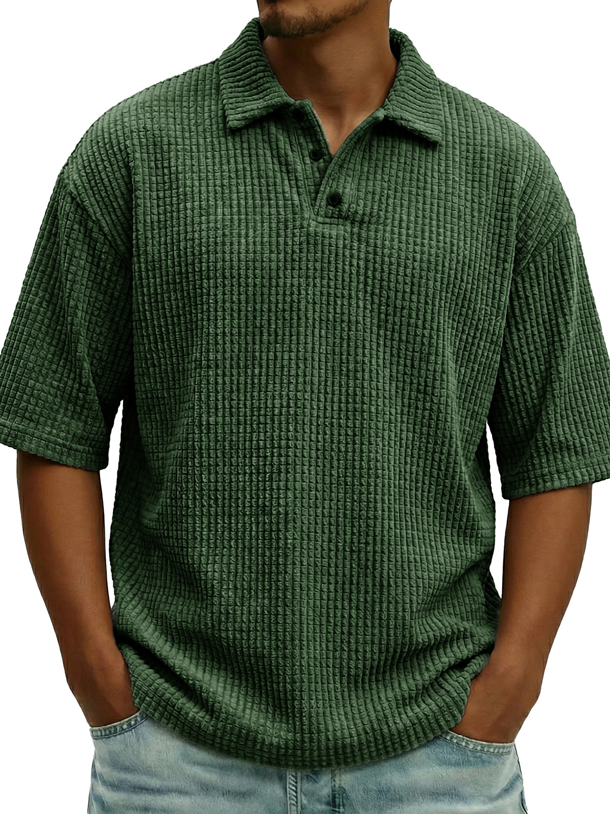 Men's Fashionable Casual Waffle Knit Collar Short-Sleeve Polo Shirt