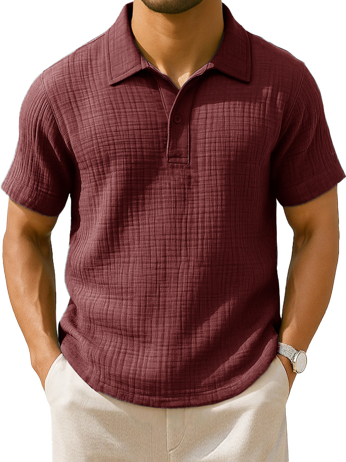 Men's Clothing Fashionable Casual Jacquard Pleated Fabric Lapel Short-sleeved Loose Polo Shirt