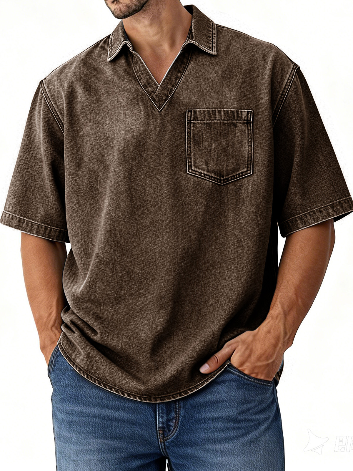 Men's Retro Distressed V-Neck Pocket Short-Sleeve Polo Shirt