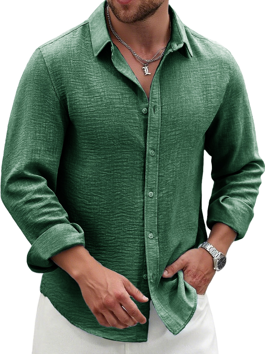 Men's Fashion Casual Pleated Fabric Lapel Long-sleeved Shirt