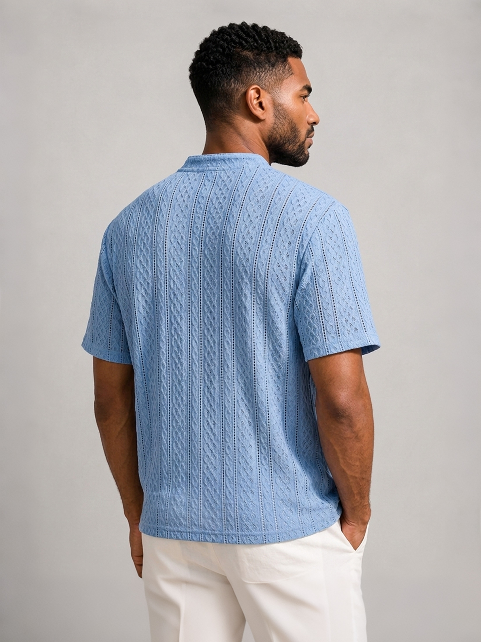 Men's Short-Sleeve Henley Shirt with Stand Collar, Button Placket, and Textured Jacquard Finish